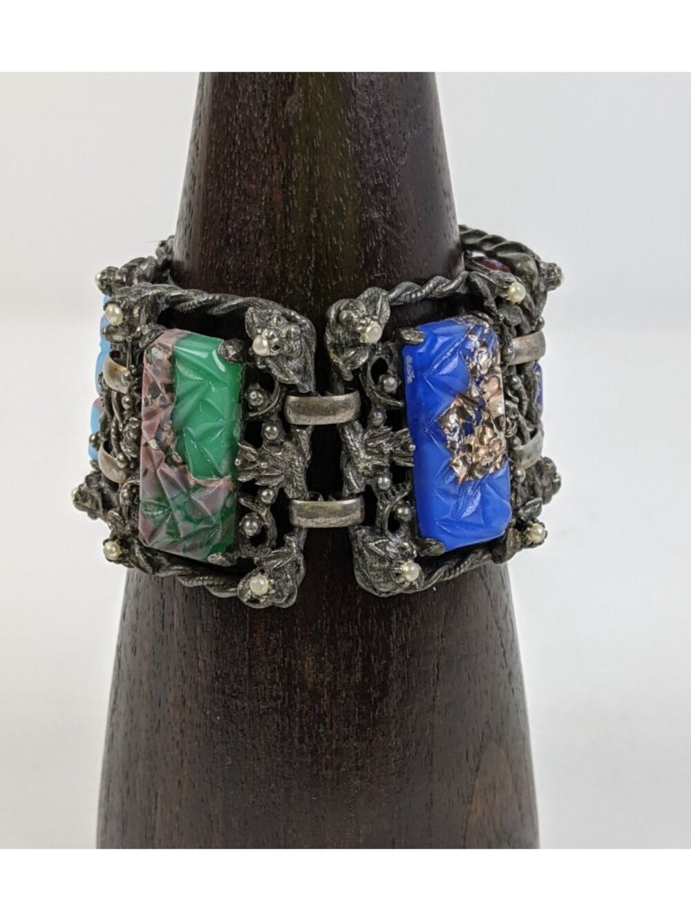 Vintage 925 Sterling Silver Mid Century Panel Bracelet w/ Carved Art Glass